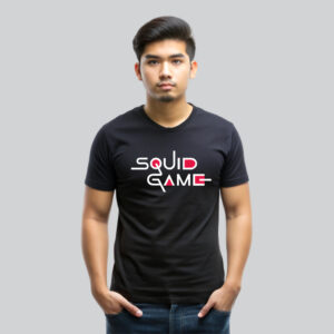 Mens 100% Cotton Printed Round Neck Sustainable Fabric Squid Game Guards T-shirt Black