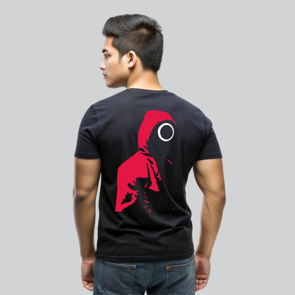 Mens 100% Cotton Printed Round Neck Sustainable Fabric Squid Game Guards T-shirt Black - Image 2