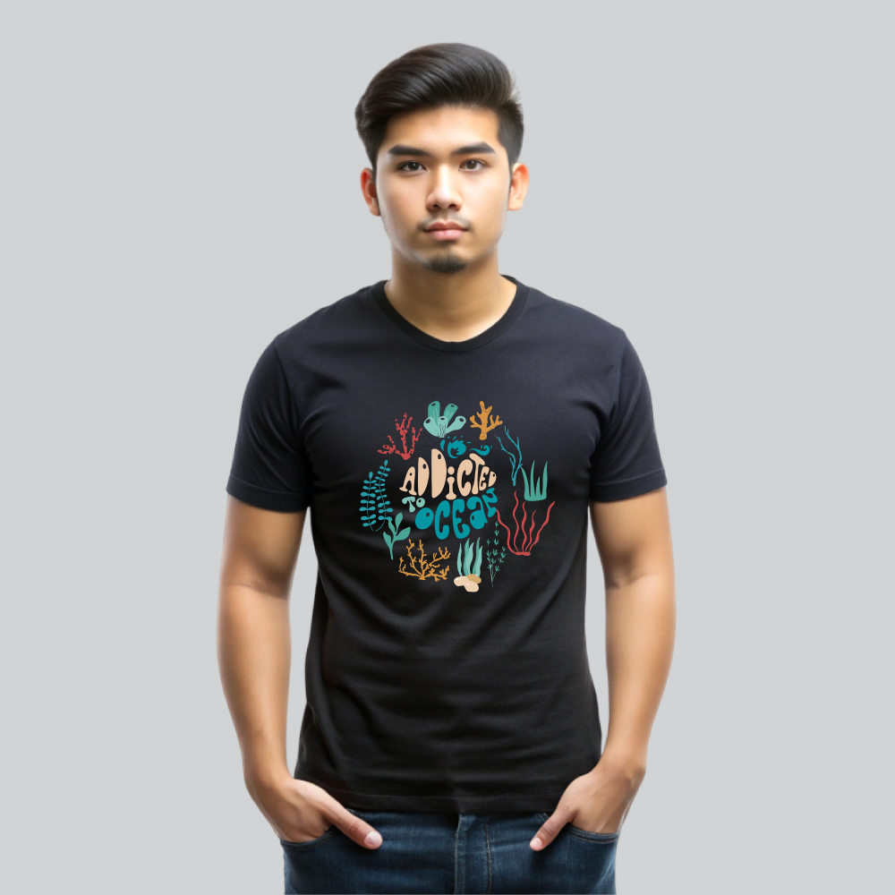 Mens 100% Cotton Printed Round Neck Unique Design Addicted to Ocean T-shirt-Black - Image 1