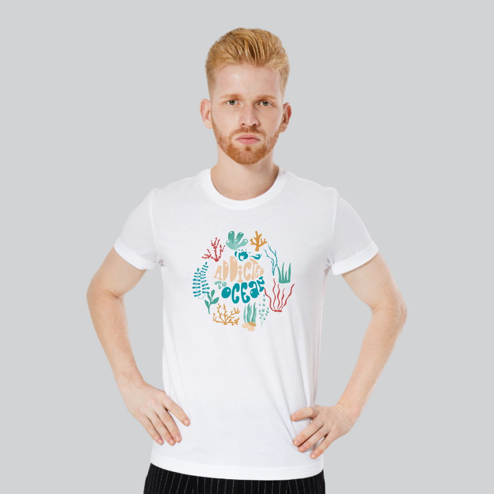 Mens 100% Cotton Printed Round Neck Unique Design Addicted to Ocean T-shirt-Black - Image 3
