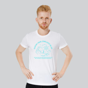 Mens 100% Cotton Printed Round Neck Unique Design Ocean View Endless Blue T-shirt - Image 3