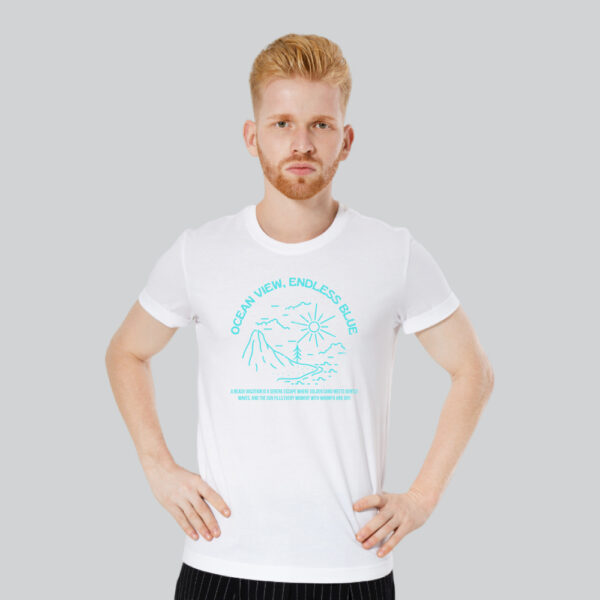 Mens 100% Cotton Printed Round Neck Unique Design Ocean View Endless Blue T-shirt - Image 3