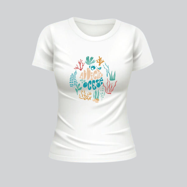 Womens 100% Cotton Printed Round Neck Unique Design Addicted to Ocean T-shirt - Image 2