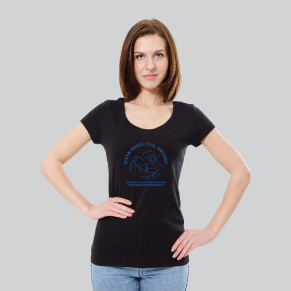 Womens 100% Cotton Printed Round Neck Unique Design Blue Ocean Moves, Soul Grooves T-shirt - Image 3