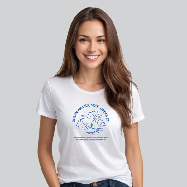Womens 100% Cotton Printed Round Neck Unique Design Blue Ocean Moves, Soul Grooves T-shirt