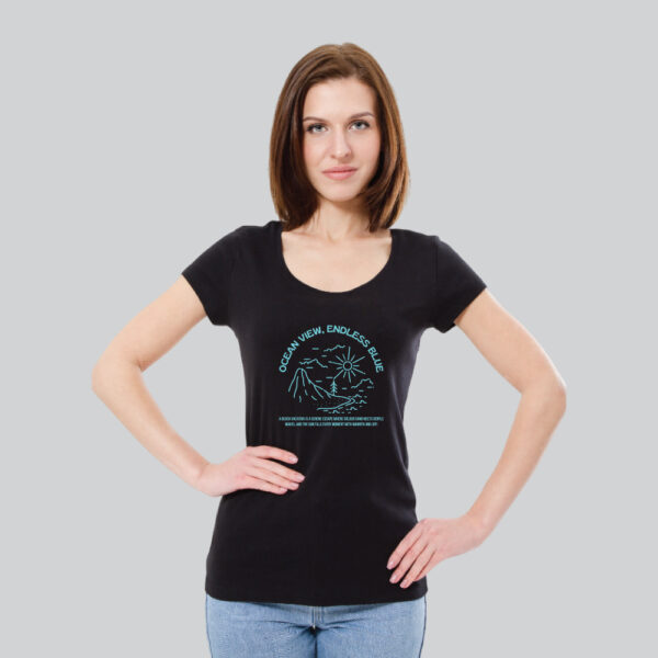 Womens 100% Cotton Printed Round Neck Unique Design Ocean View Endless Blue T-shirt