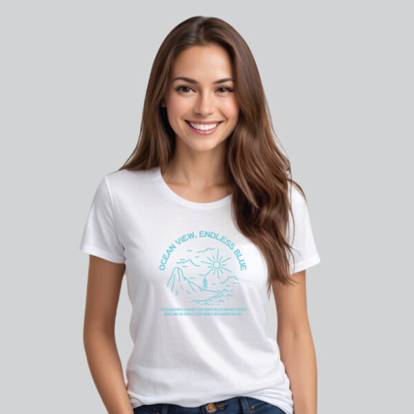 Womens 100% Cotton Printed Round Neck Unique Design Ocean View Endless Blue T-shirt - Image 3