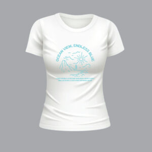 Womens 100% Cotton Printed Round Neck Unique Design Ocean View Endless Blue T-shirt - Image 4