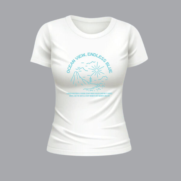 Womens 100% Cotton Printed Round Neck Unique Design Ocean View Endless Blue T-shirt - Image 4
