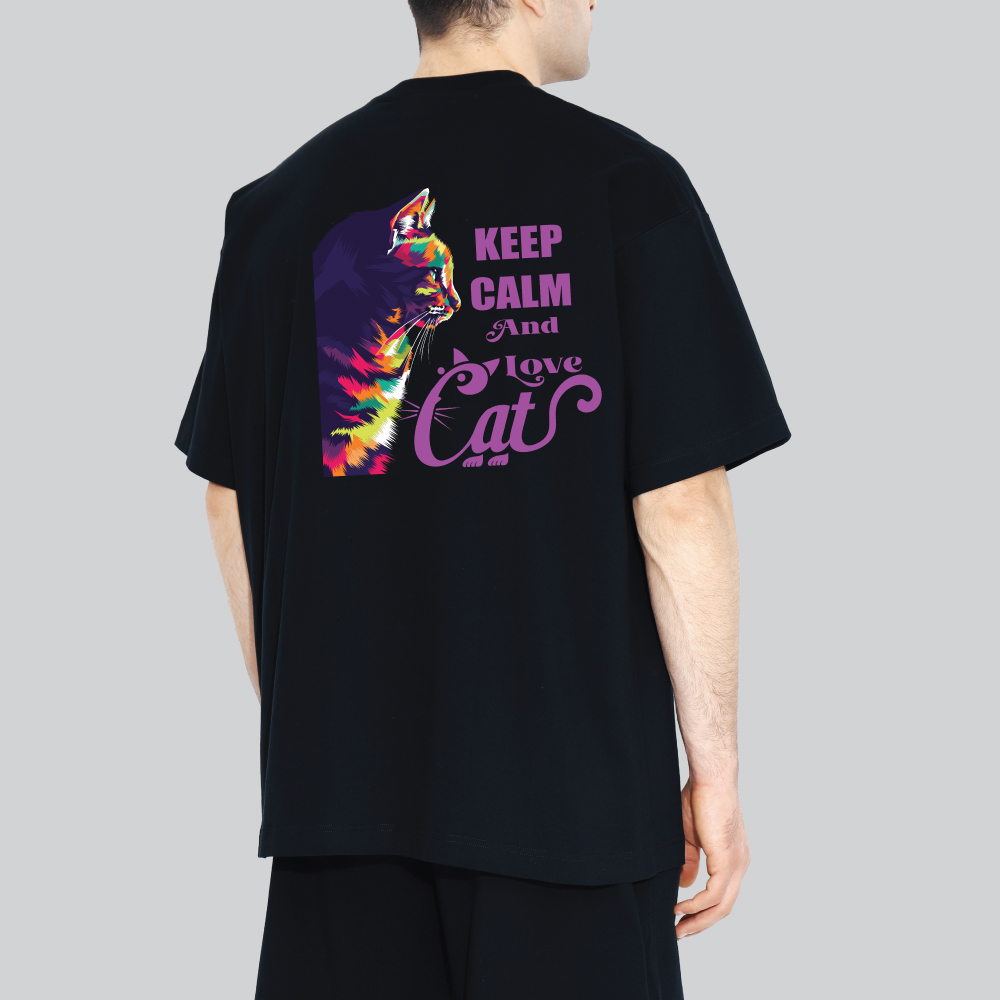 Unisex 240 GSM 100% Cotton Graphic Printed Round Neck Keep Calm and Love Cat Oversized T-shirt - Image 1